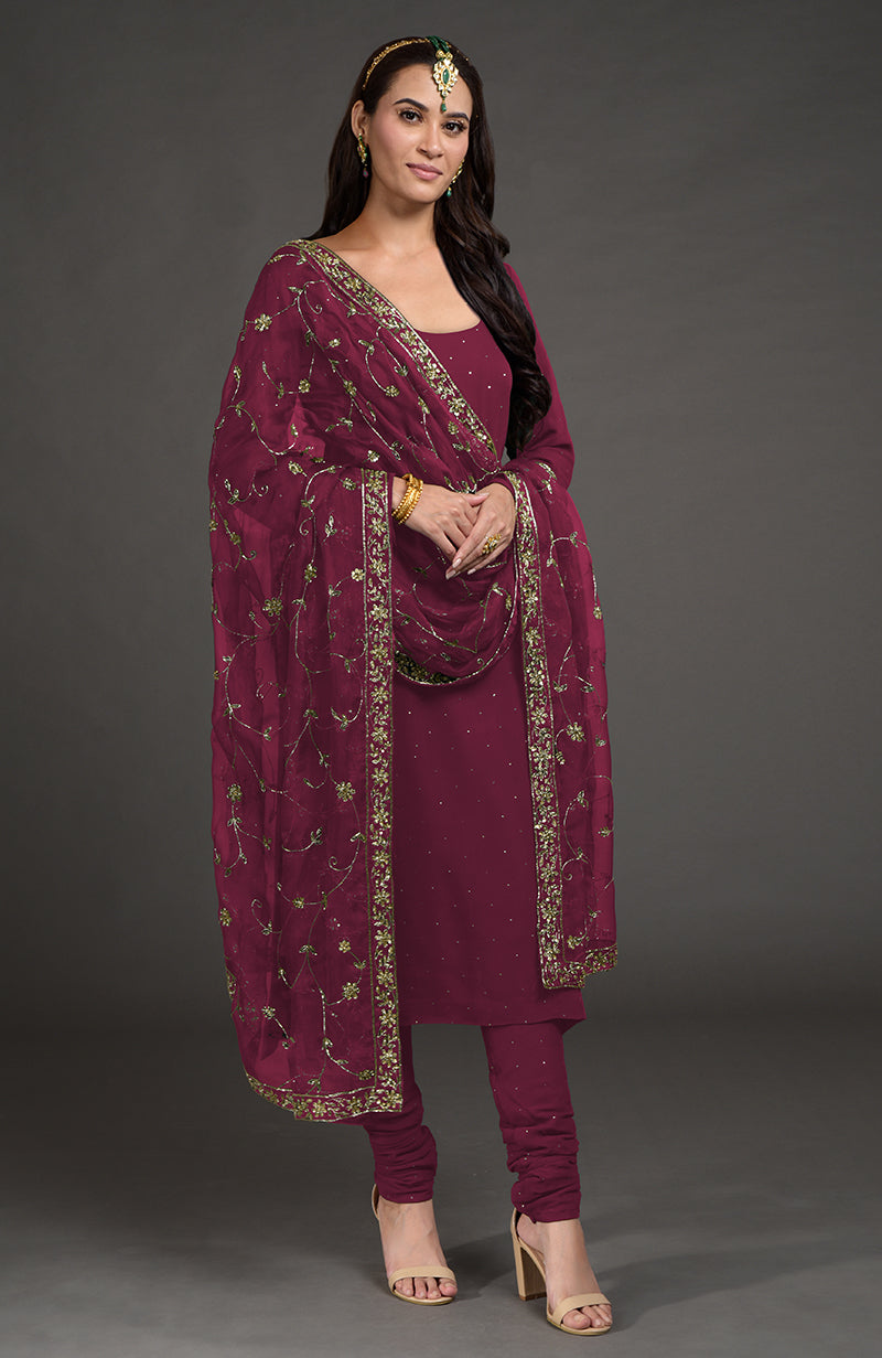 Wine Mukaish- Zardozi Embroidered Kurta Set