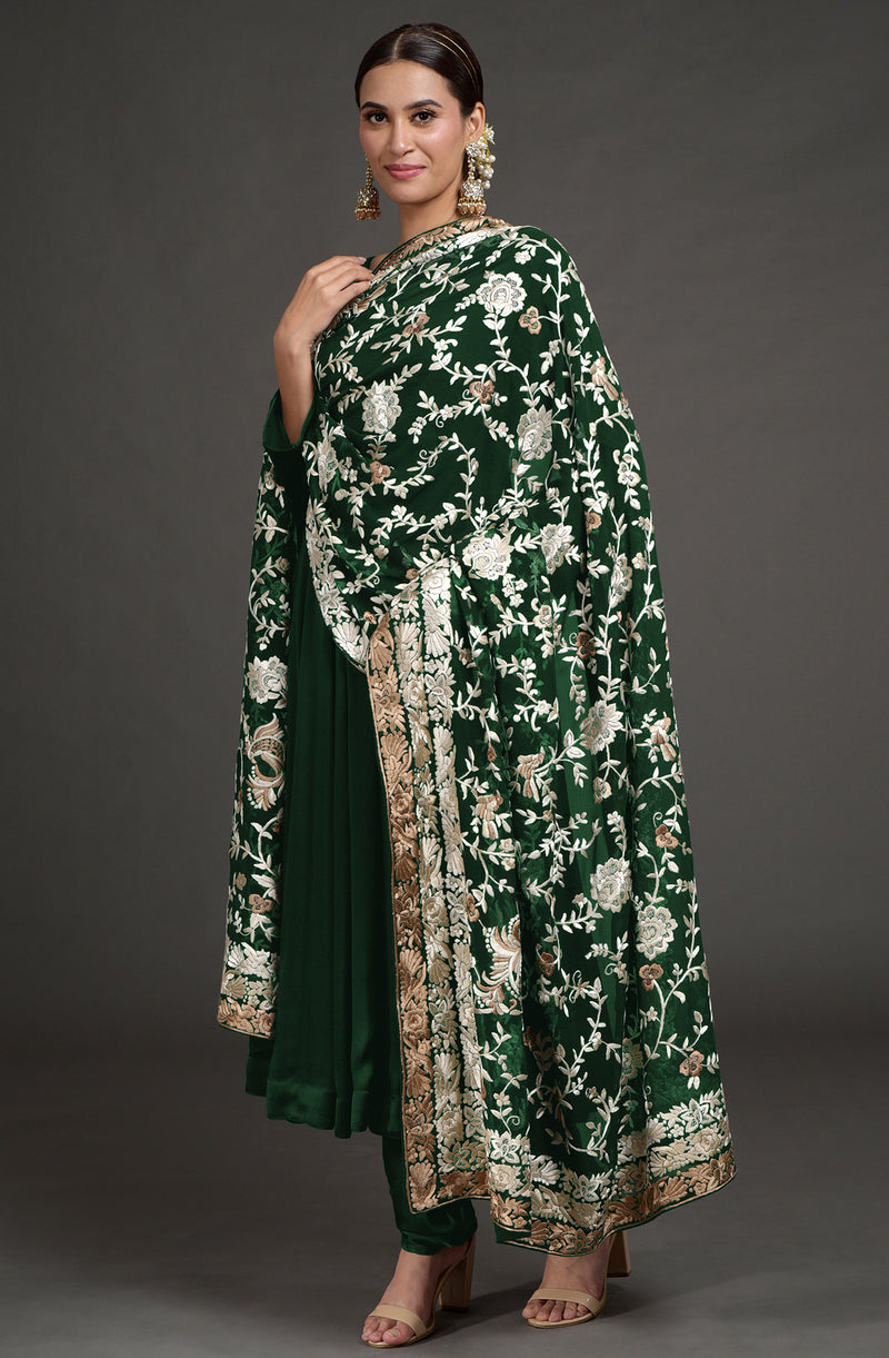Masterpiece Emerald Green  Floral Parsi Gara Hand Embroidered Dupatta