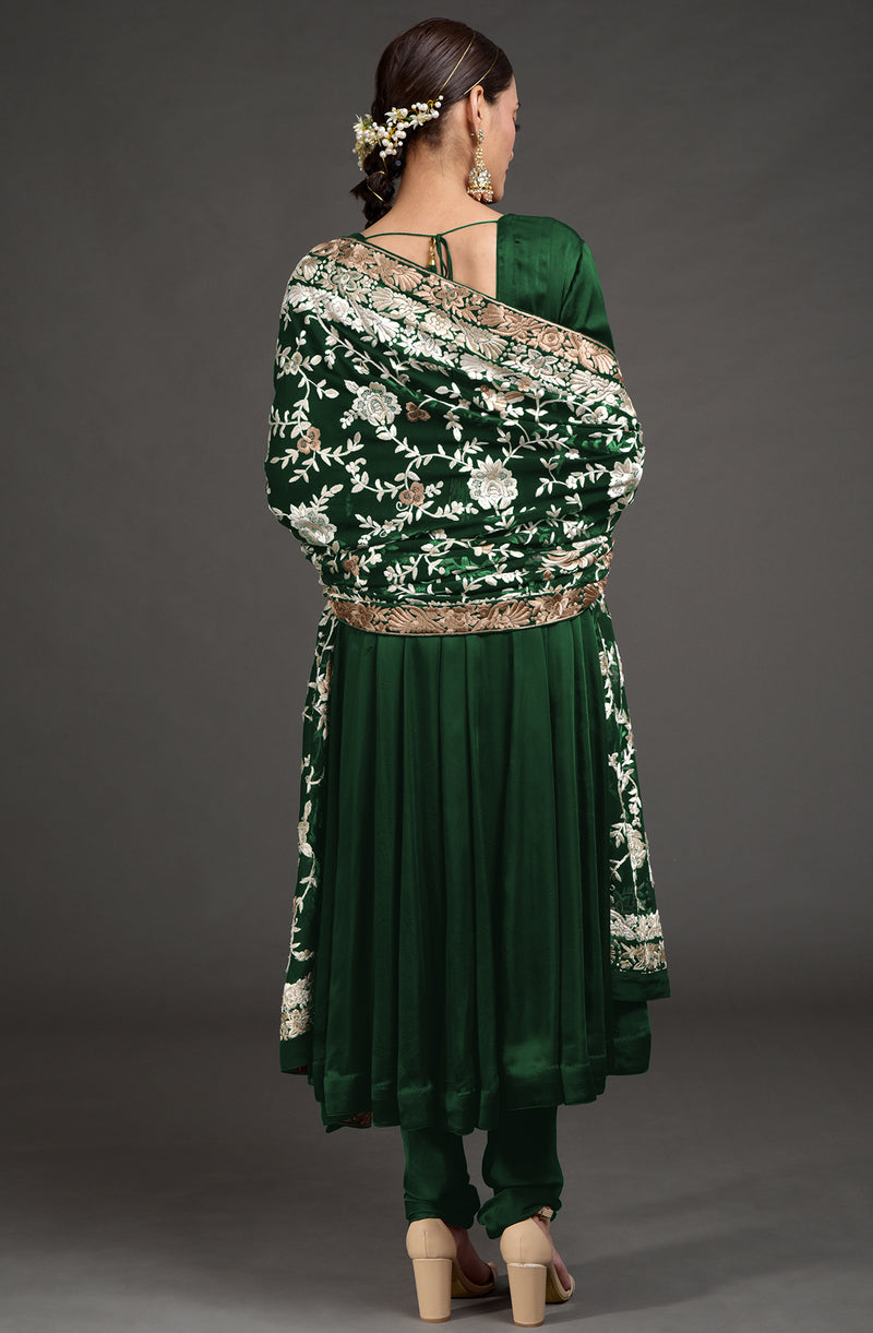Masterpiece Emerald Green  Floral Parsi Gara Hand Embroidered Dupatta