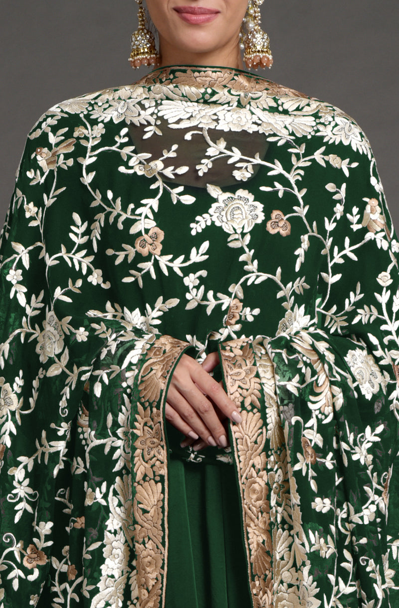 Masterpiece Emerald Green  Floral Parsi Gara Hand Embroidered Dupatta