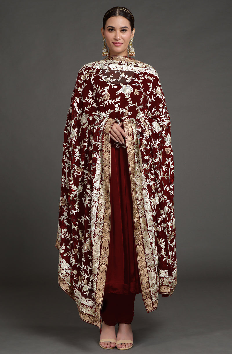 Masterpiece Plum Floral Parsi Gara Hand Embroidered Dupatta