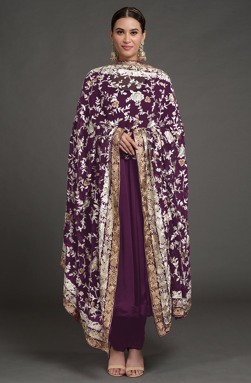 Masterpiece Teal Floral Parsi Gara Hand Embroidered Dupatta