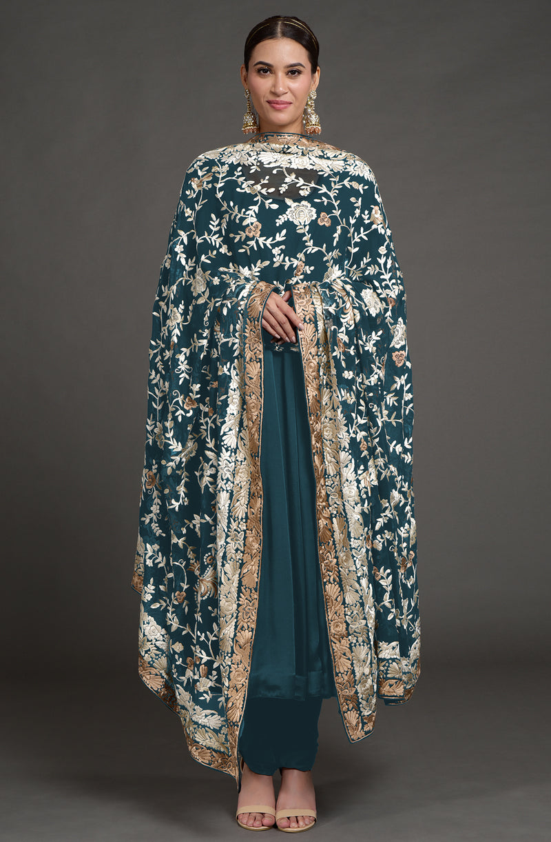Masterpiece Teal Floral Parsi Gara Hand Embroidered Dupatta