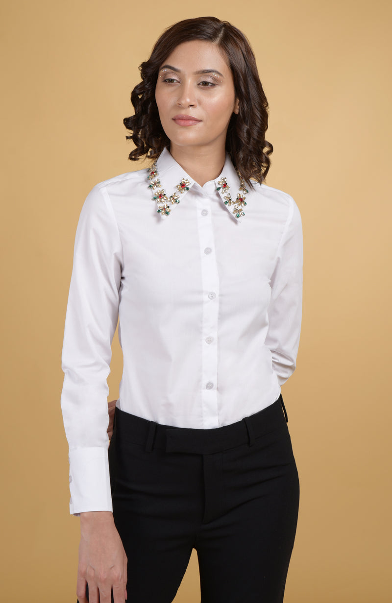 Jeweled Crystal Collar Hand Embroidered Shirt