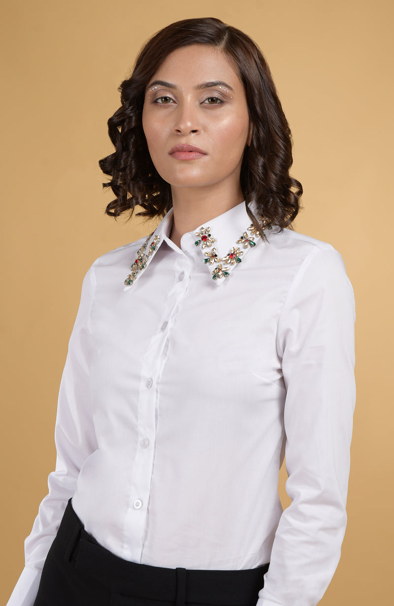 Jeweled Crystal Collar Hand Embroidered Shirt