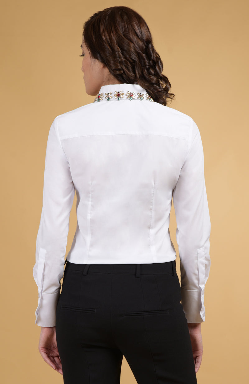 Jeweled Crystal Collar Hand Embroidered Shirt