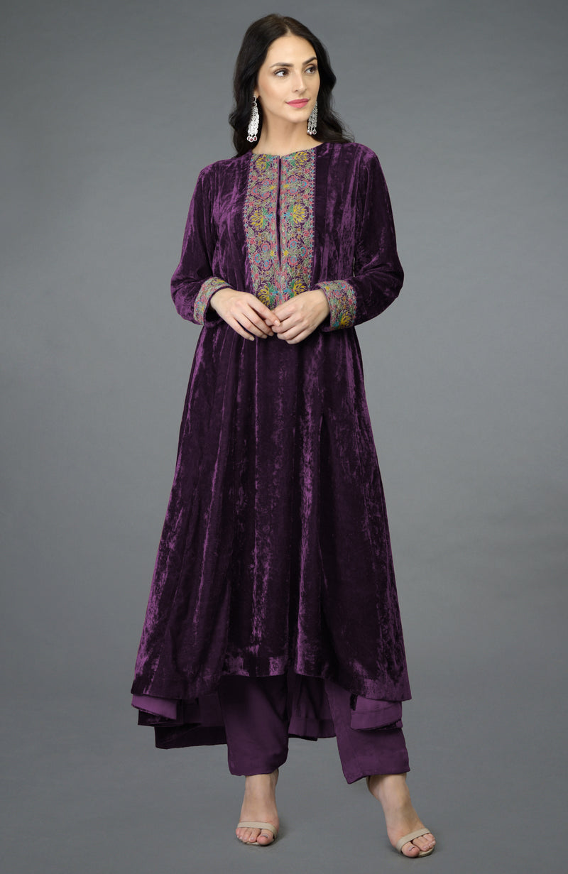 Seaport Blue Kashmiri Kashidakari Hand Embroidered Kalidaar Kurta Set