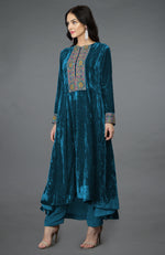 Seaport Blue Kashmiri Kashidakari Hand Embroidered Kalidaar Kurta Set