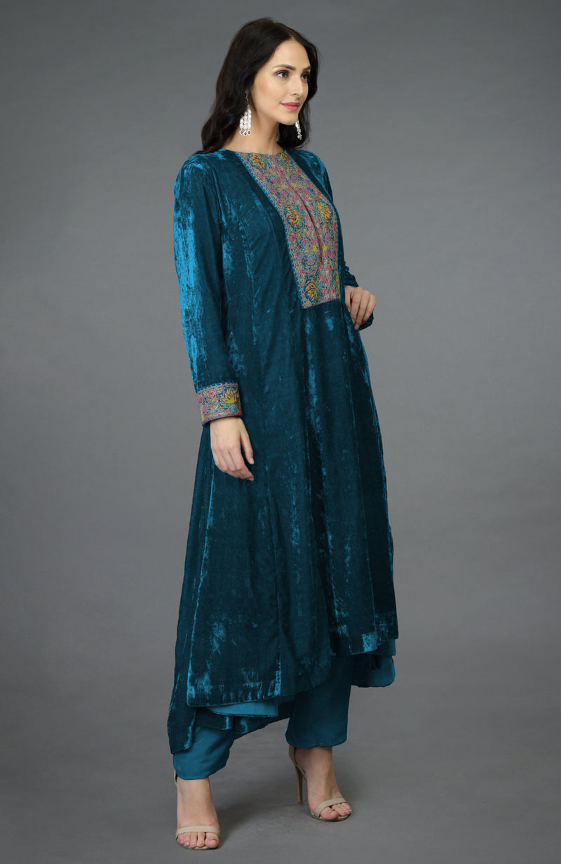 Seaport Blue Kashmiri Kashidakari Hand Embroidered Kalidaar Kurta Set