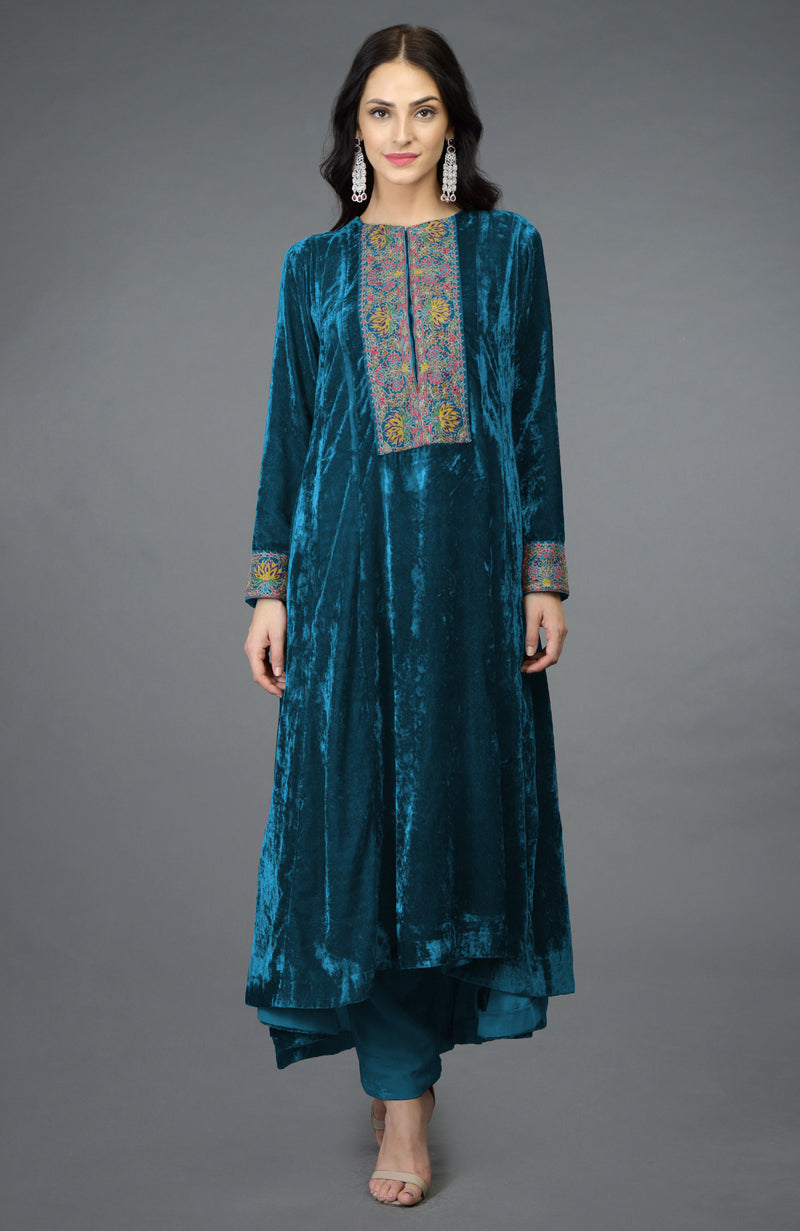 Seaport Blue Kashmiri Kashidakari Hand Embroidered Kalidaar Kurta Set
