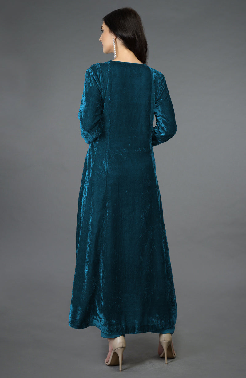 Seaport Blue Kashmiri Kashidakari Hand Embroidered Kalidaar Kurta Set