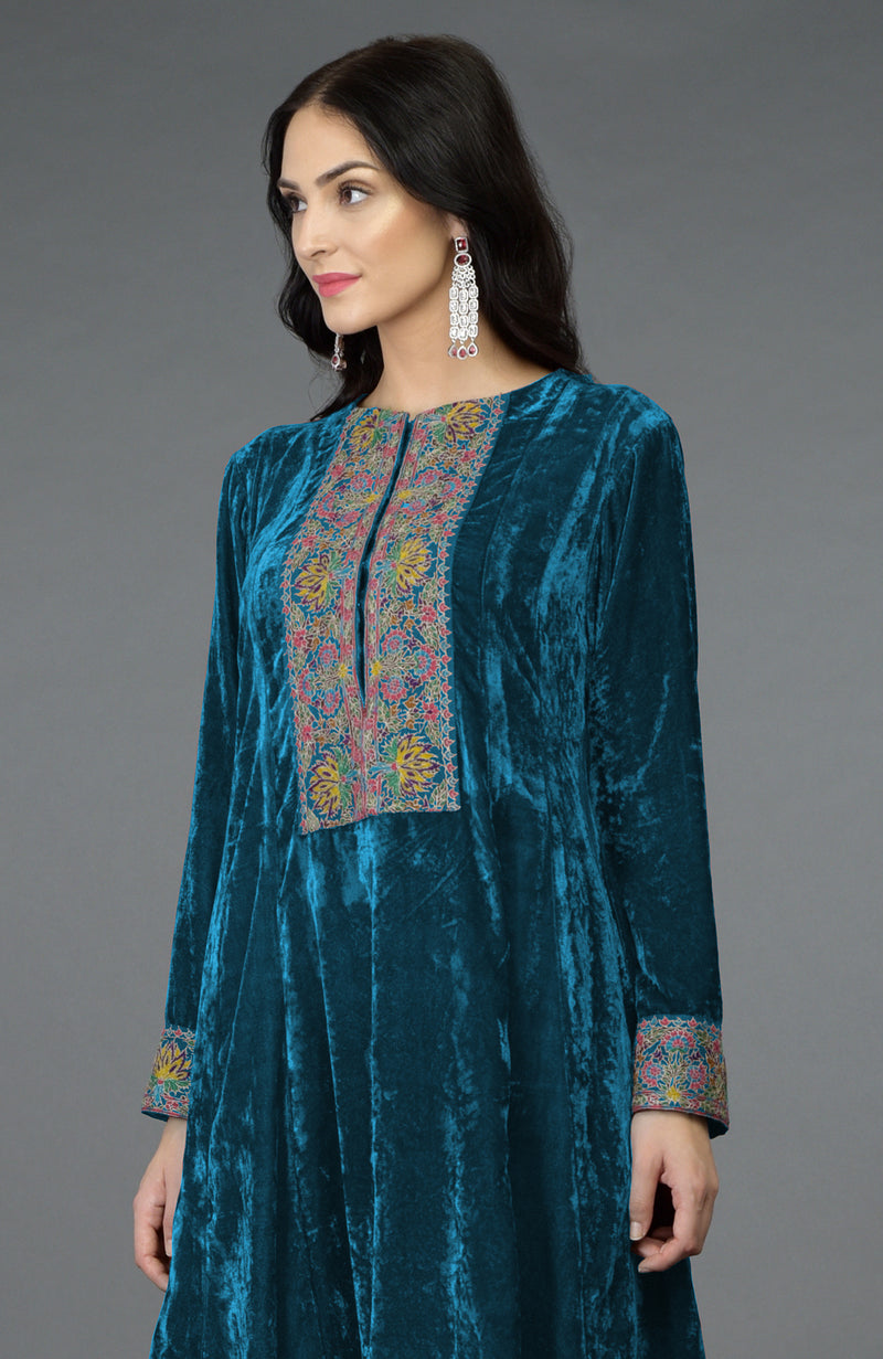 Seaport Blue Kashmiri Kashidakari Hand Embroidered Kalidaar Kurta Set