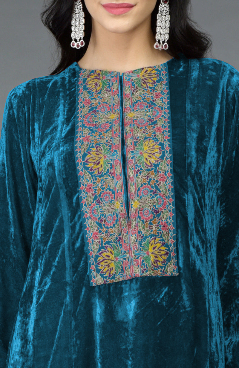 Seaport Blue Kashmiri Kashidakari Hand Embroidered Kalidaar Kurta Set