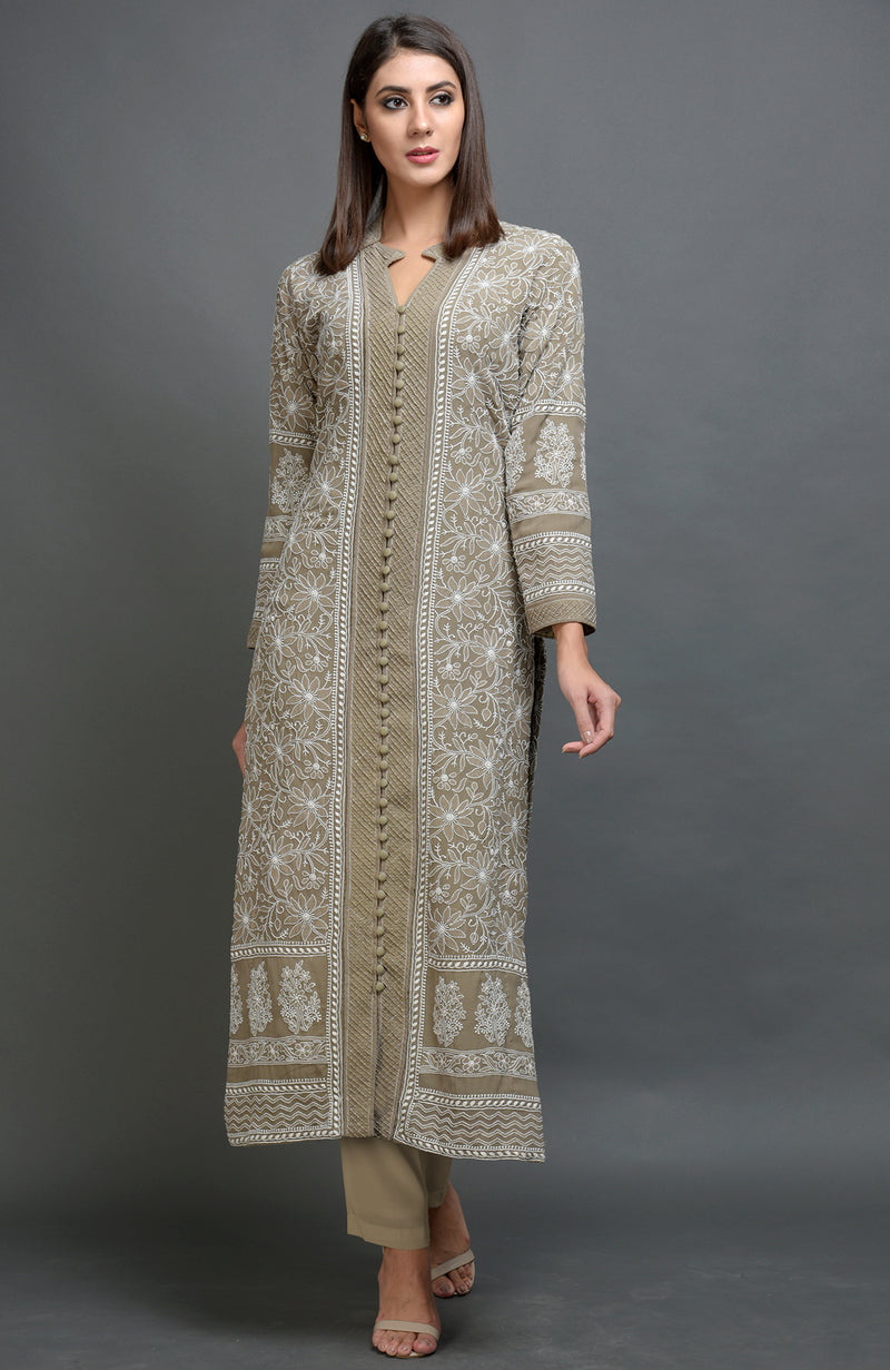 Kentucky Blue Chikankari Embroidered Jacket Set