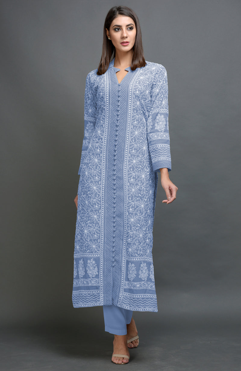 Beige Chikankari Embroidered Jacket Set