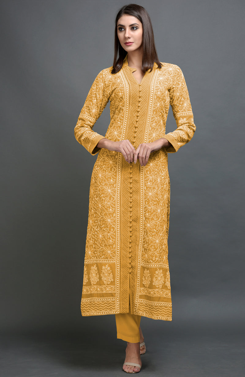 Beige Chikankari Embroidered Jacket Set