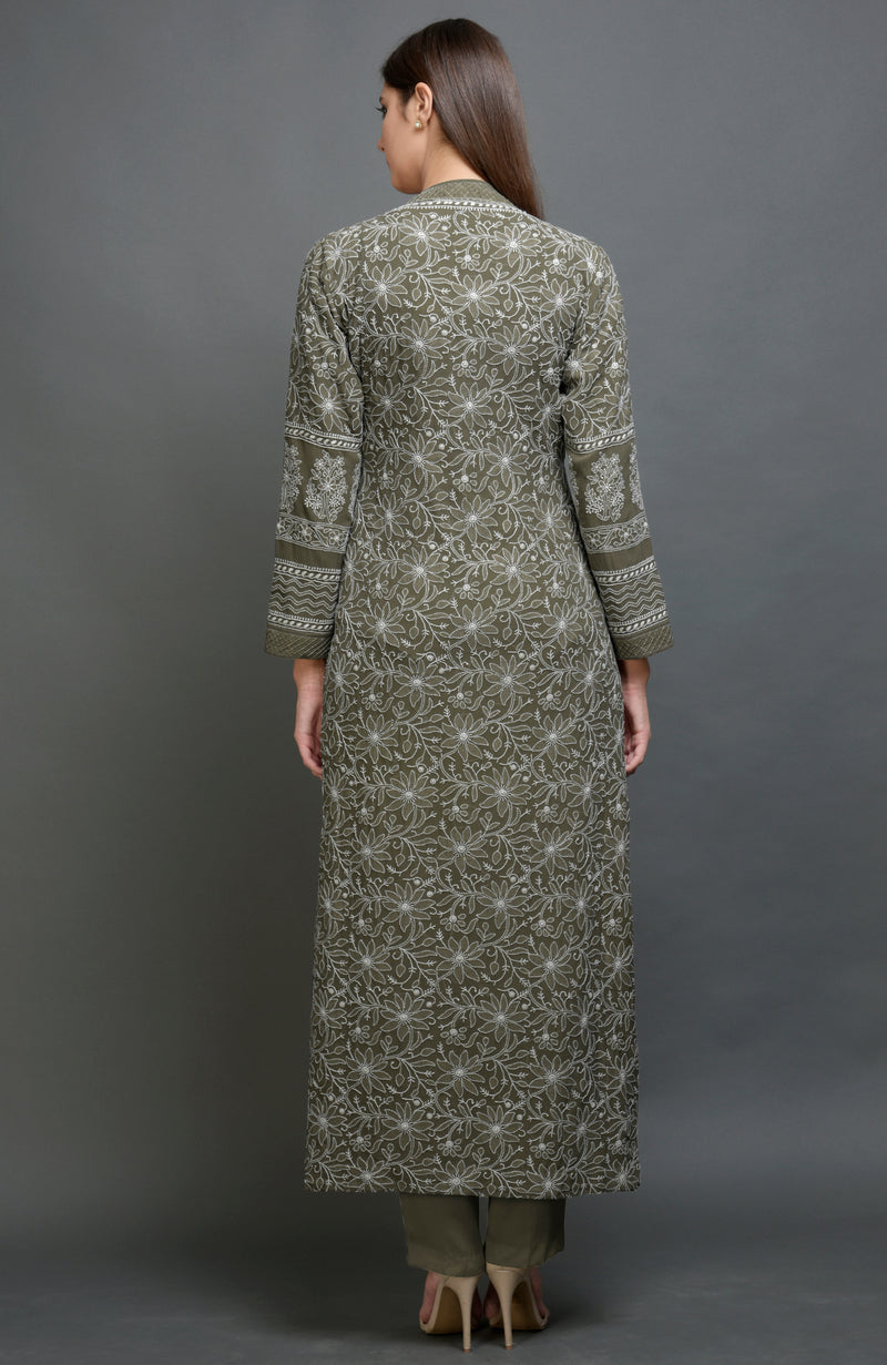 Olive Chikankari Embroidered Jacket Set