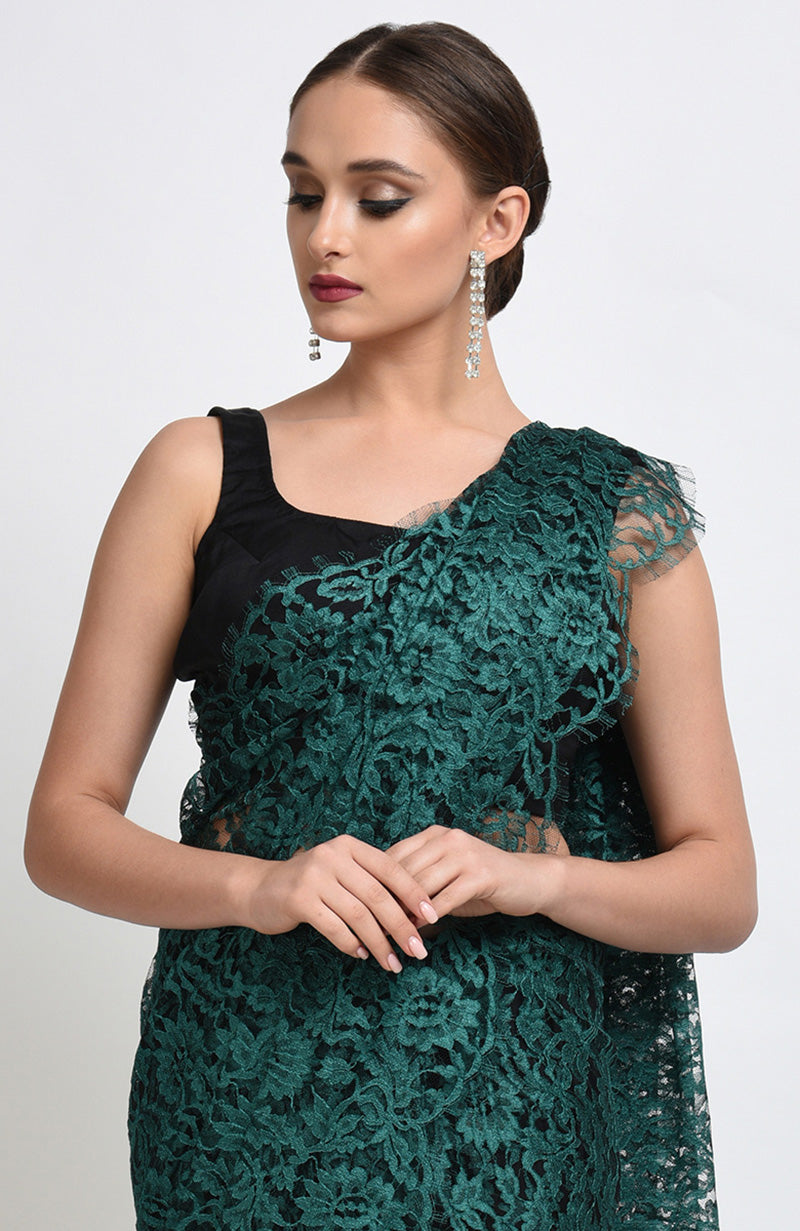 Peacock Green French Chantilly Lace Saree Set