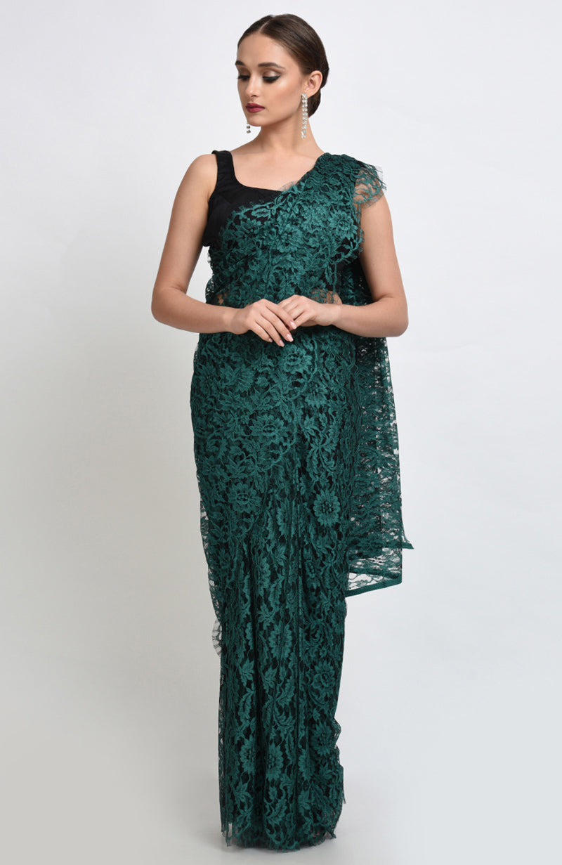 Peacock Green French Chantilly Lace Saree Set