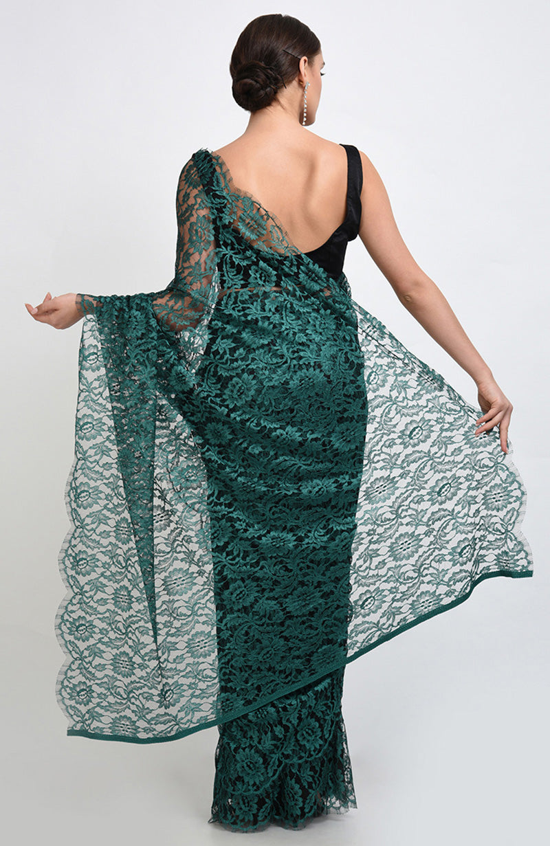 Peacock Green French Chantilly Lace Saree Set