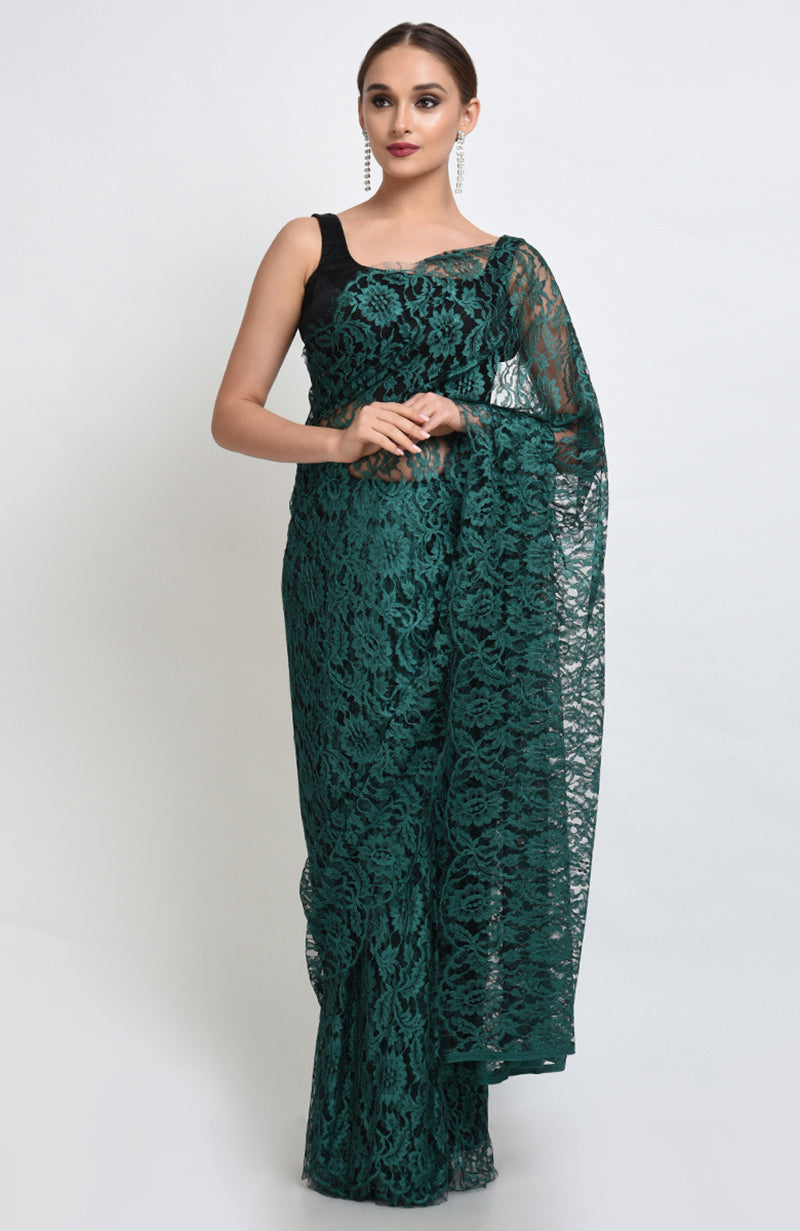 Peacock Green French Chantilly Lace Saree Set