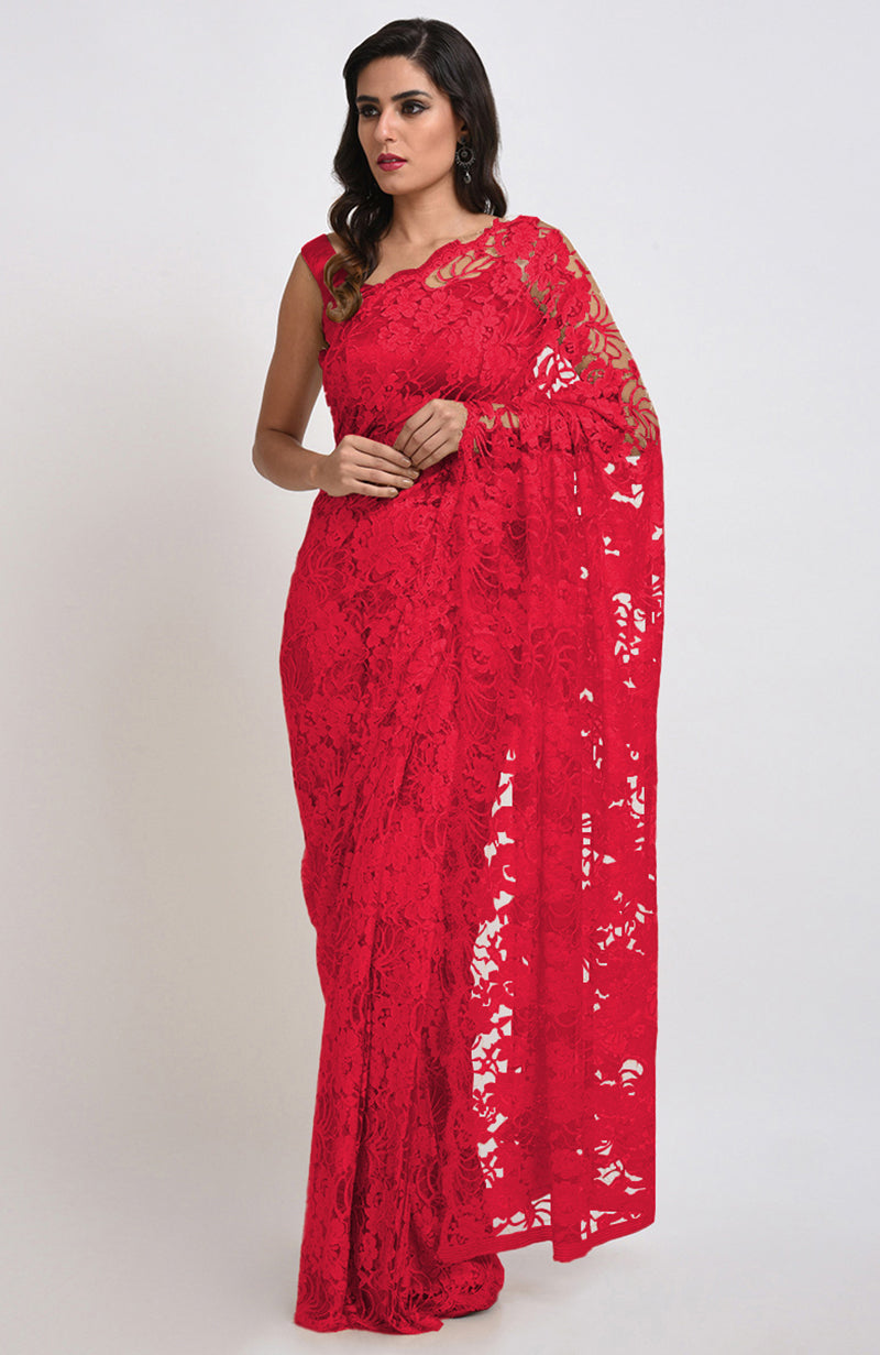 Temptation Red Chantilly Lace Saree Set