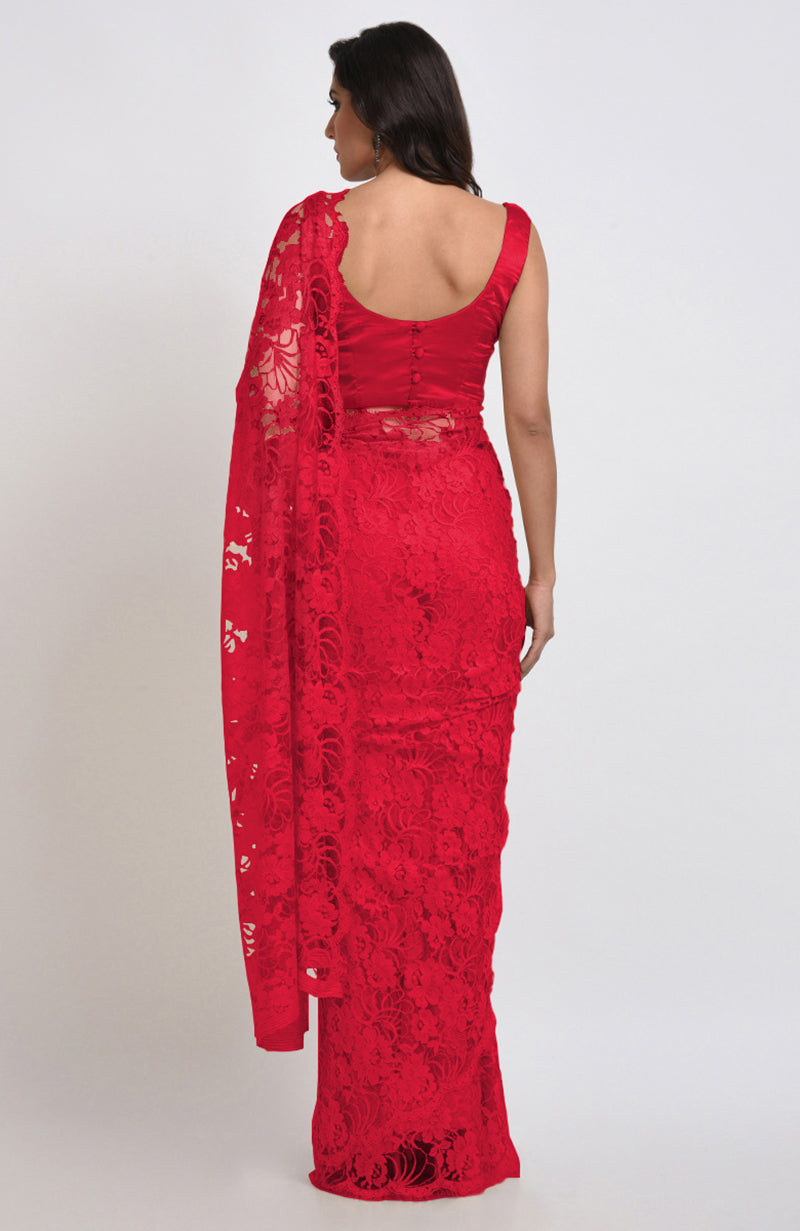Temptation Red Chantilly Lace Saree Set