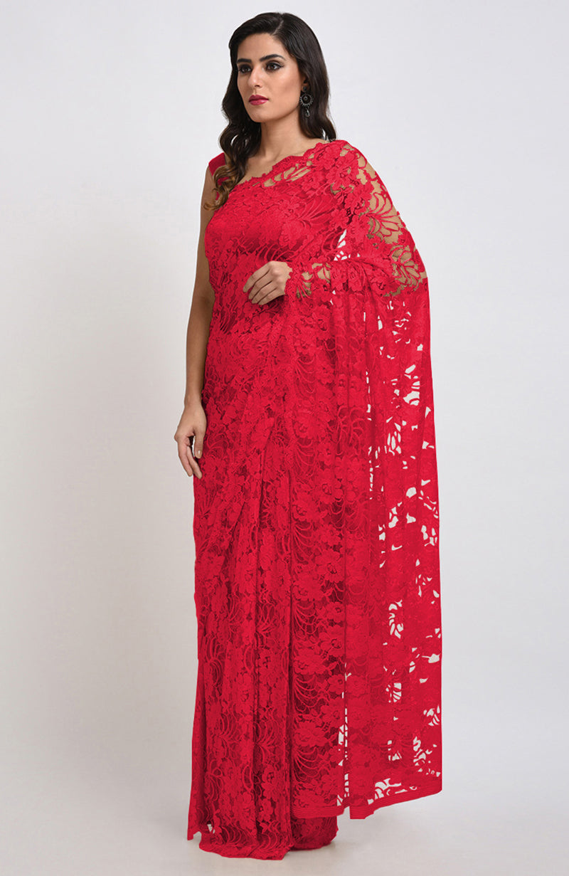 Temptation Red Chantilly Lace Saree Set
