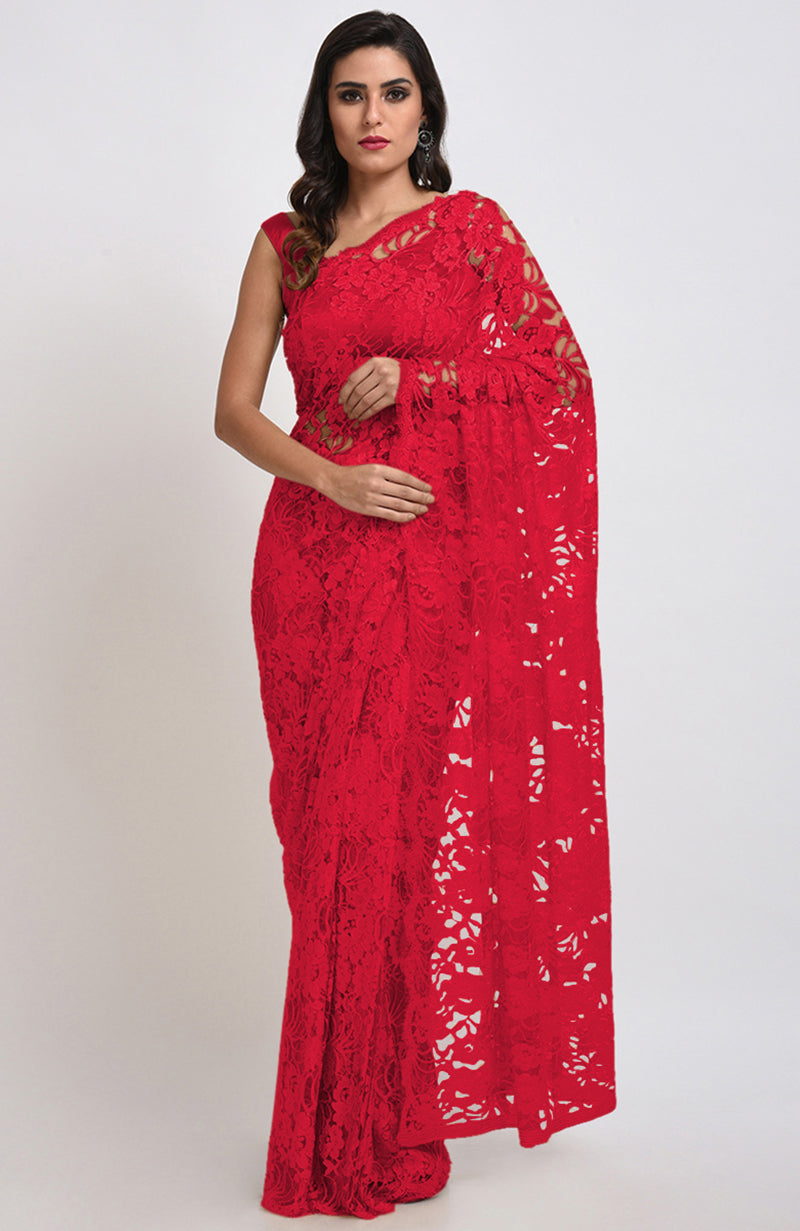 Temptation Red Chantilly Lace Saree Set