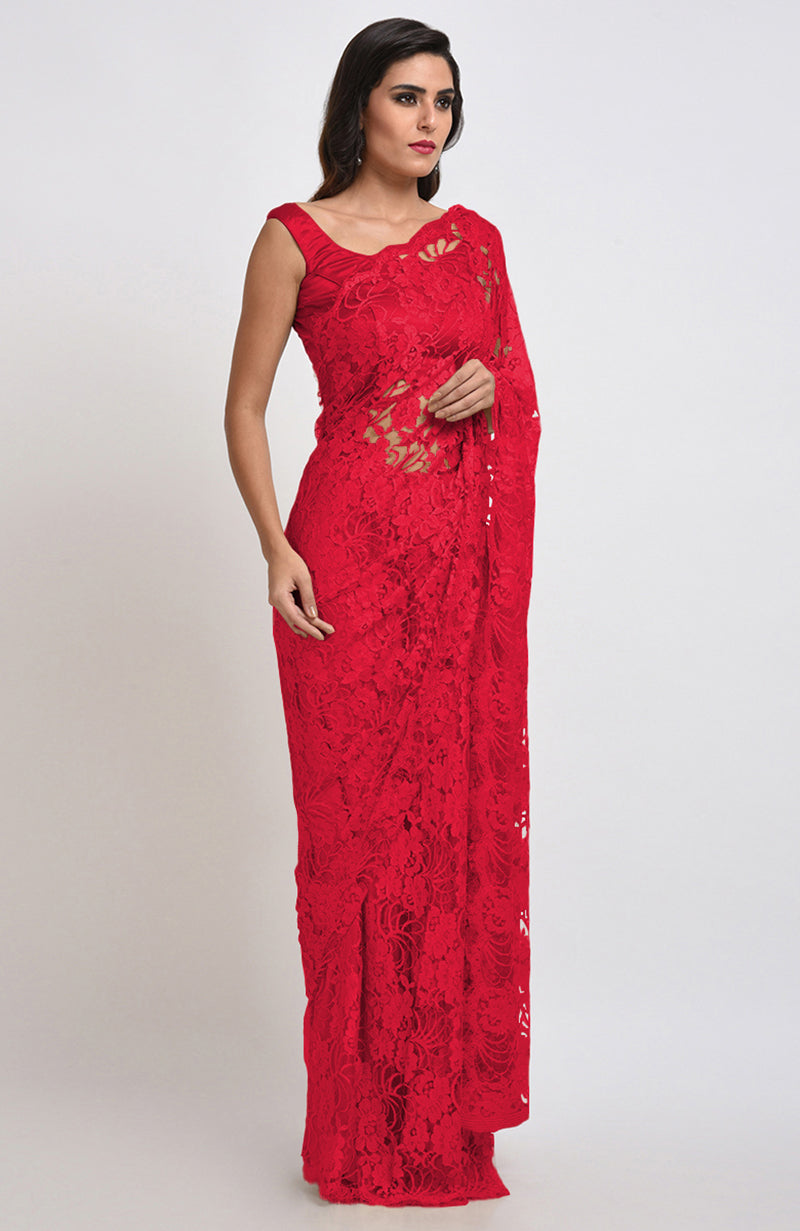 Temptation Red Chantilly Lace Saree Set