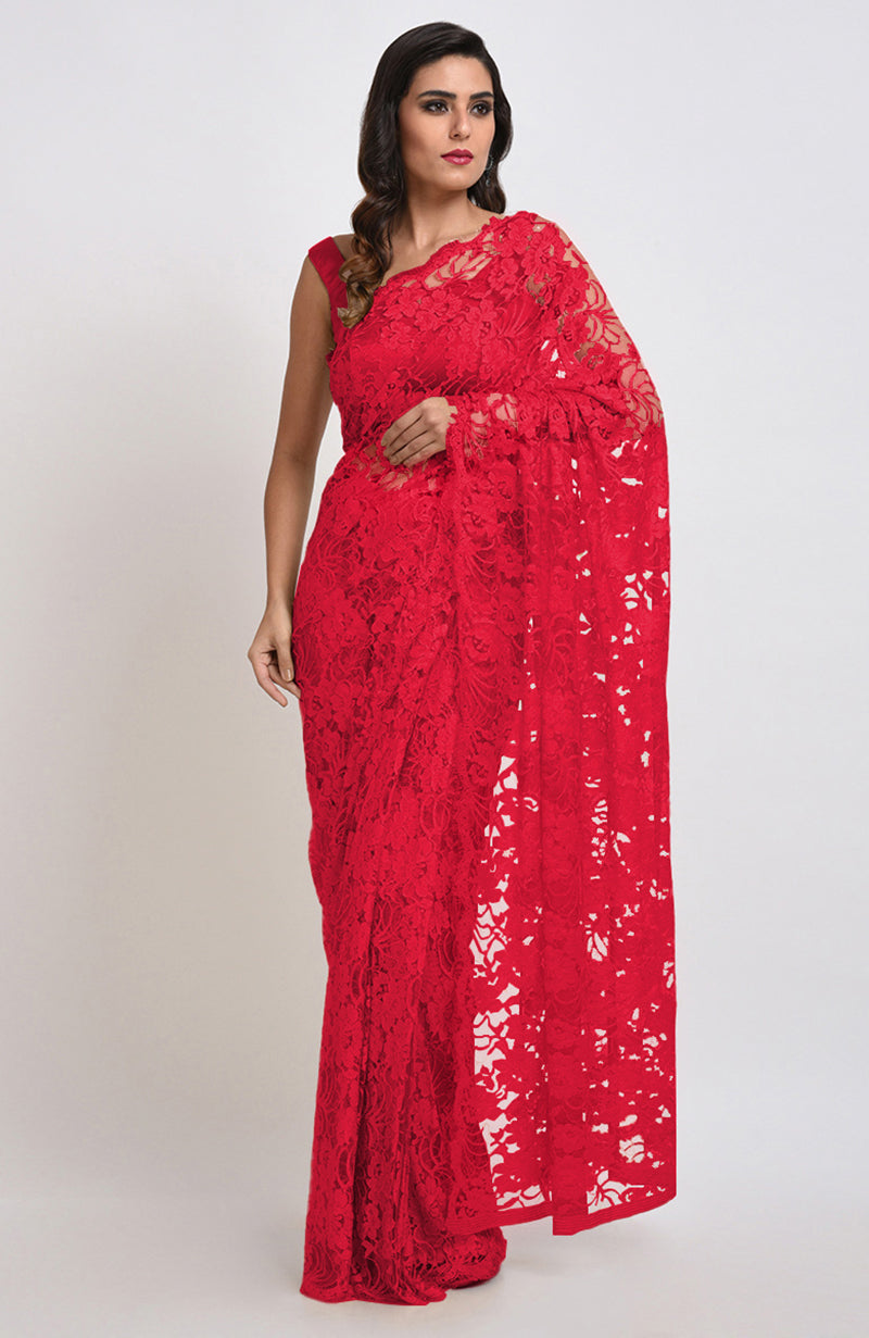 Temptation Red Chantilly Lace Saree Set