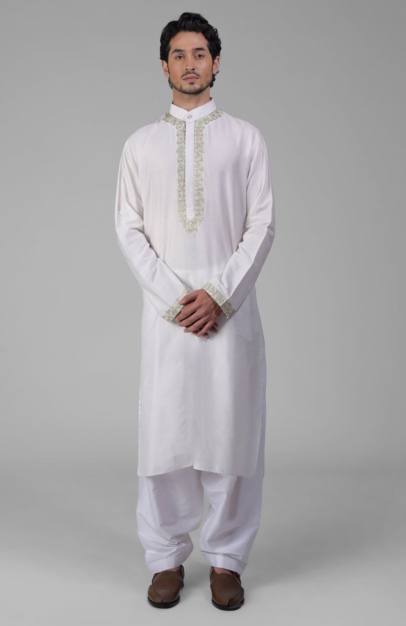 Ivory Kashmiri Tilla Embroidered Kurta Set - Elegant Zari Work ...