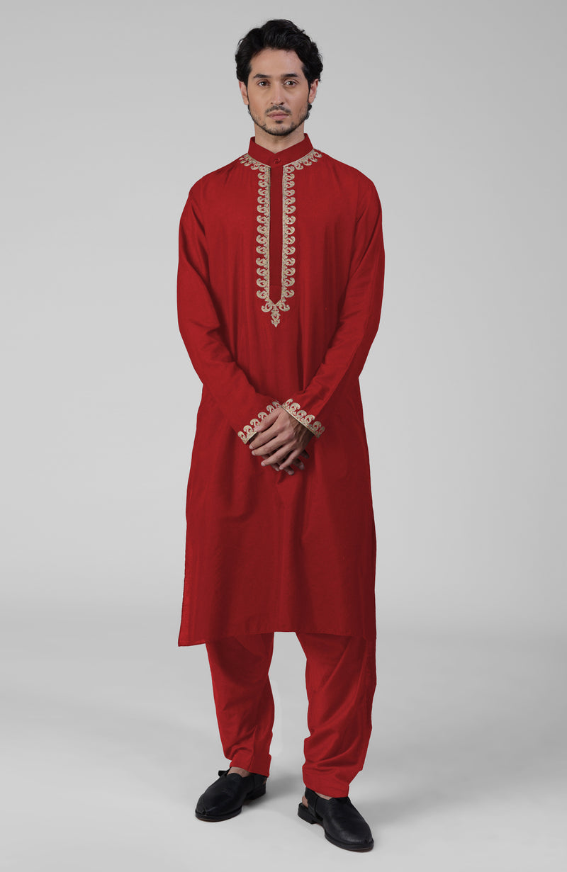 Red Kashmiri Tilla Hand Embroidered Kurta Set