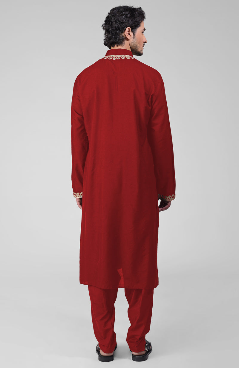 Red Kashmiri Tilla Hand Embroidered Kurta Set