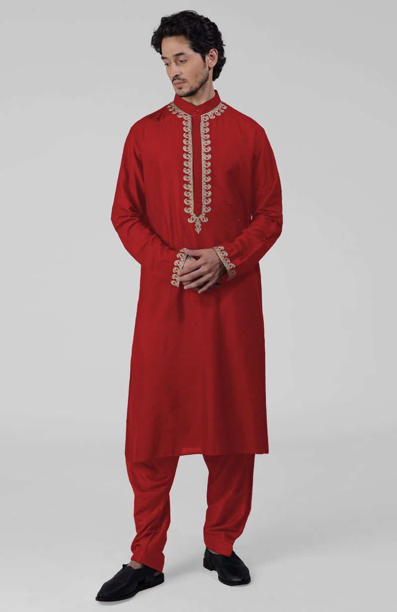 Red Kashmiri Tilla Hand Embroidered Kurta Set