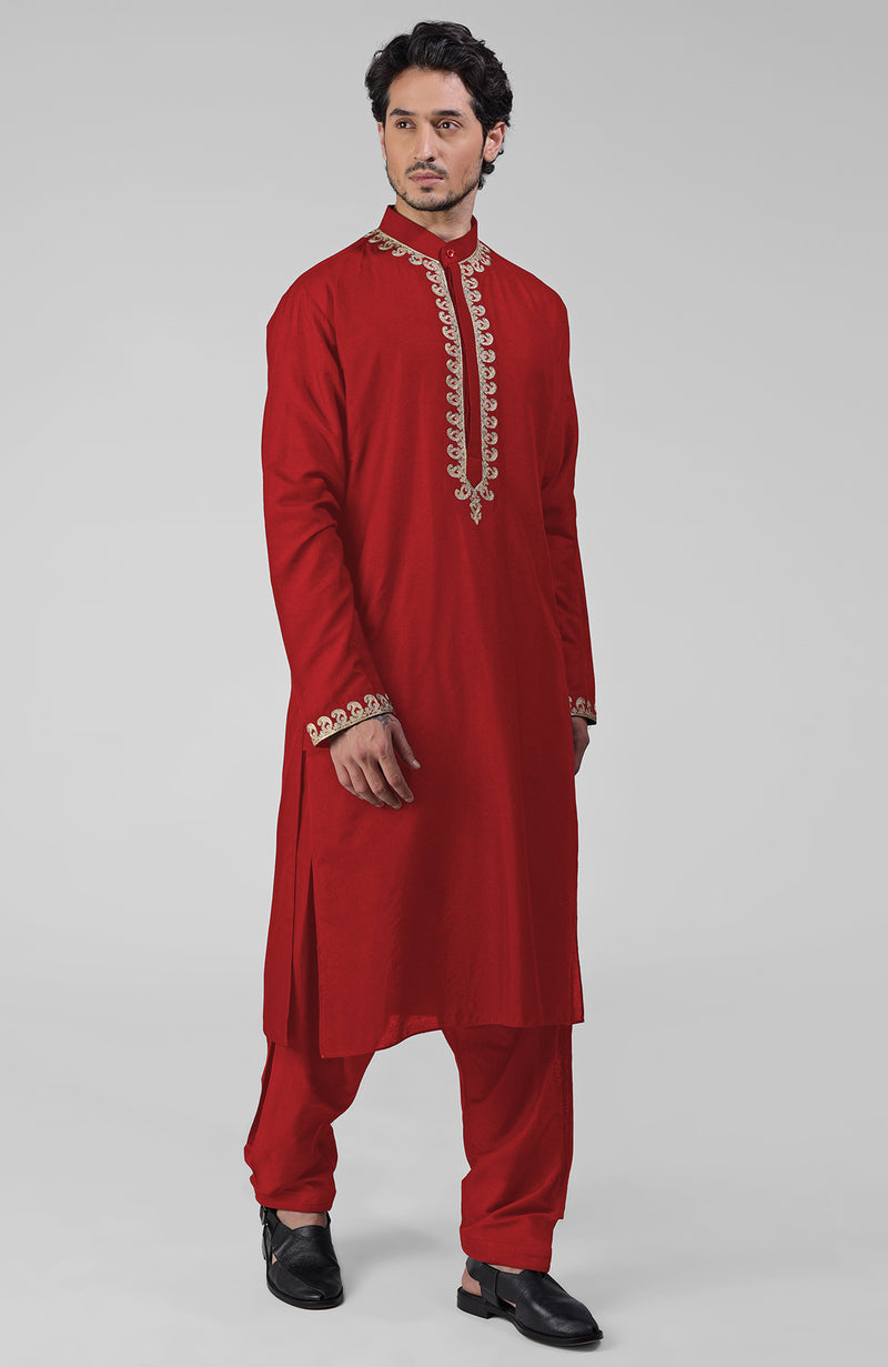 Red Kashmiri Tilla Hand Embroidered Kurta Set