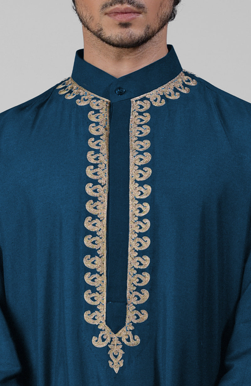 Teal Kashmiri Tilla Hand Embroidered Kurta Set
