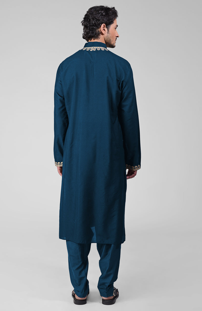 Teal Kashmiri Tilla Hand Embroidered Kurta Set