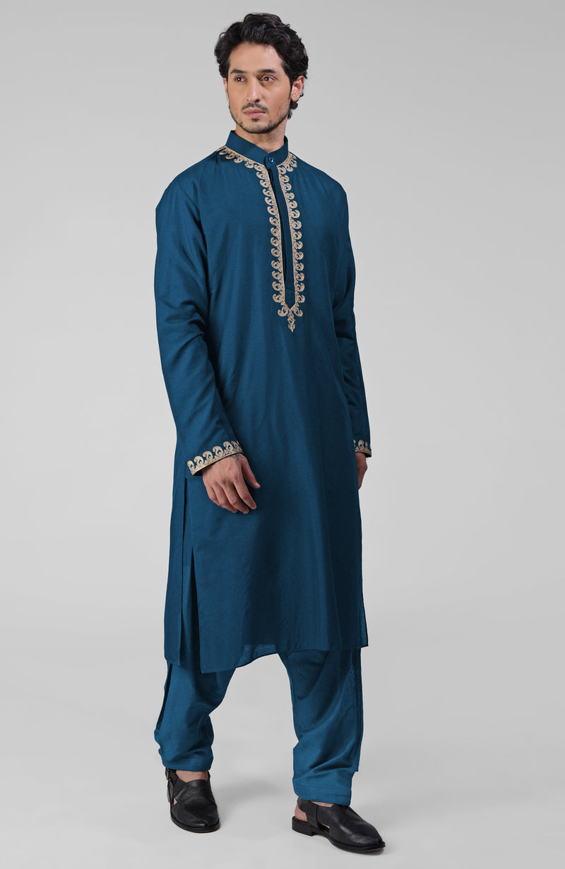 Teal Kashmiri Tilla Hand Embroidered Kurta Set