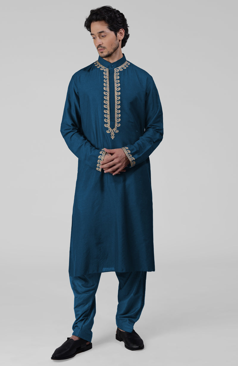 Teal Kashmiri Tilla Hand Embroidered Kurta Set
