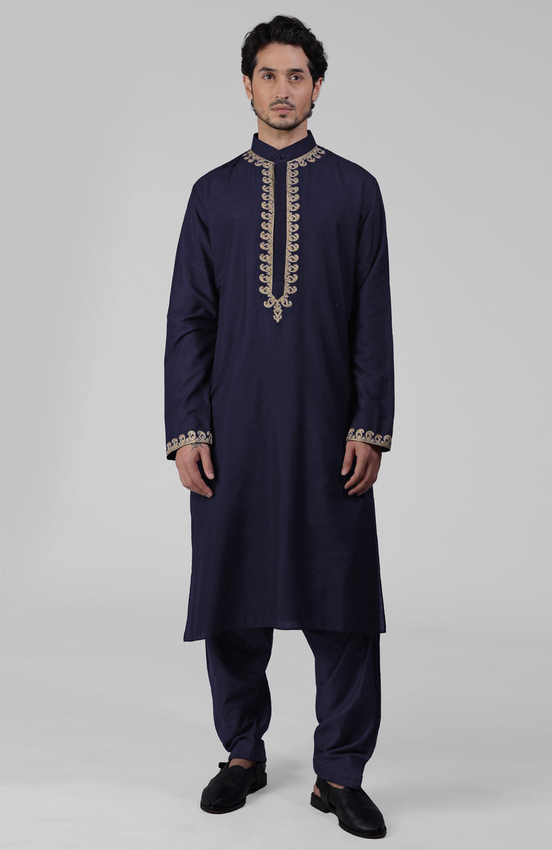 Classic Black Kashmiri Tilla Hand Embroidered Kurta Set