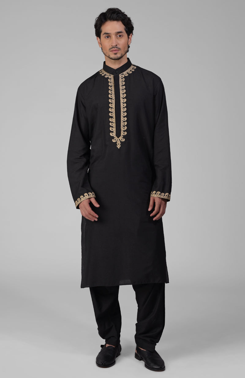 Classic Black Kashmiri Tilla Hand Embroidered Kurta Set