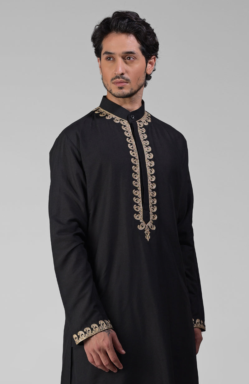 Classic Black Kashmiri Tilla Hand Embroidered Kurta Set