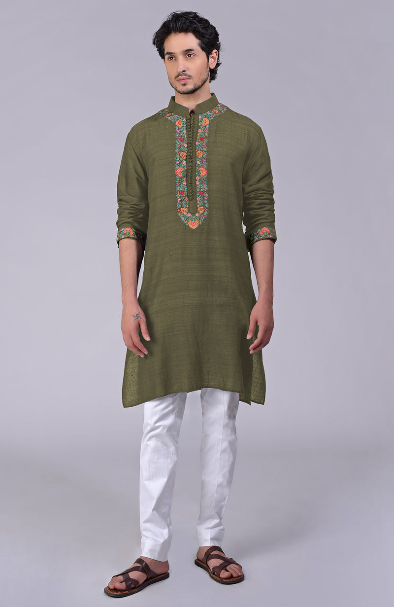 Martini Olive Kashidakari Embroidered Kurta