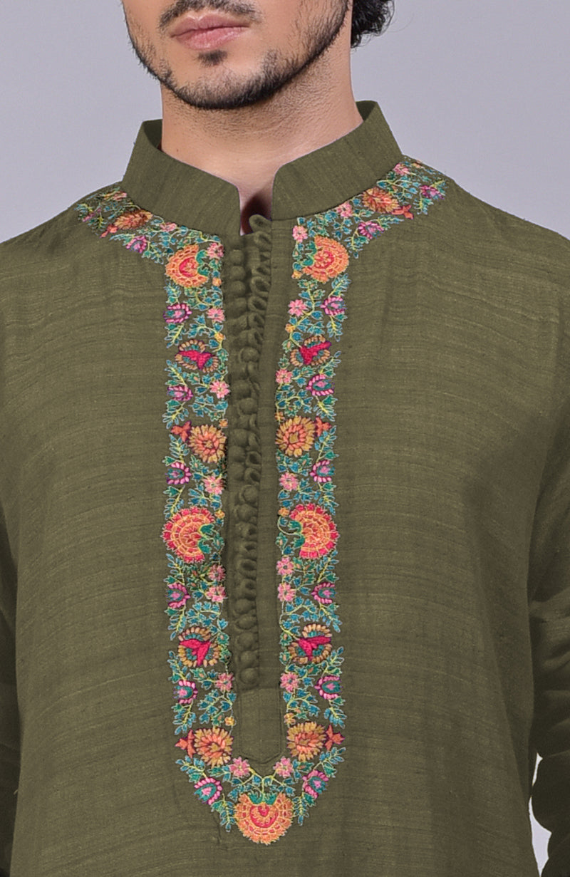 Martini Olive Kashidakari Embroidered Kurta