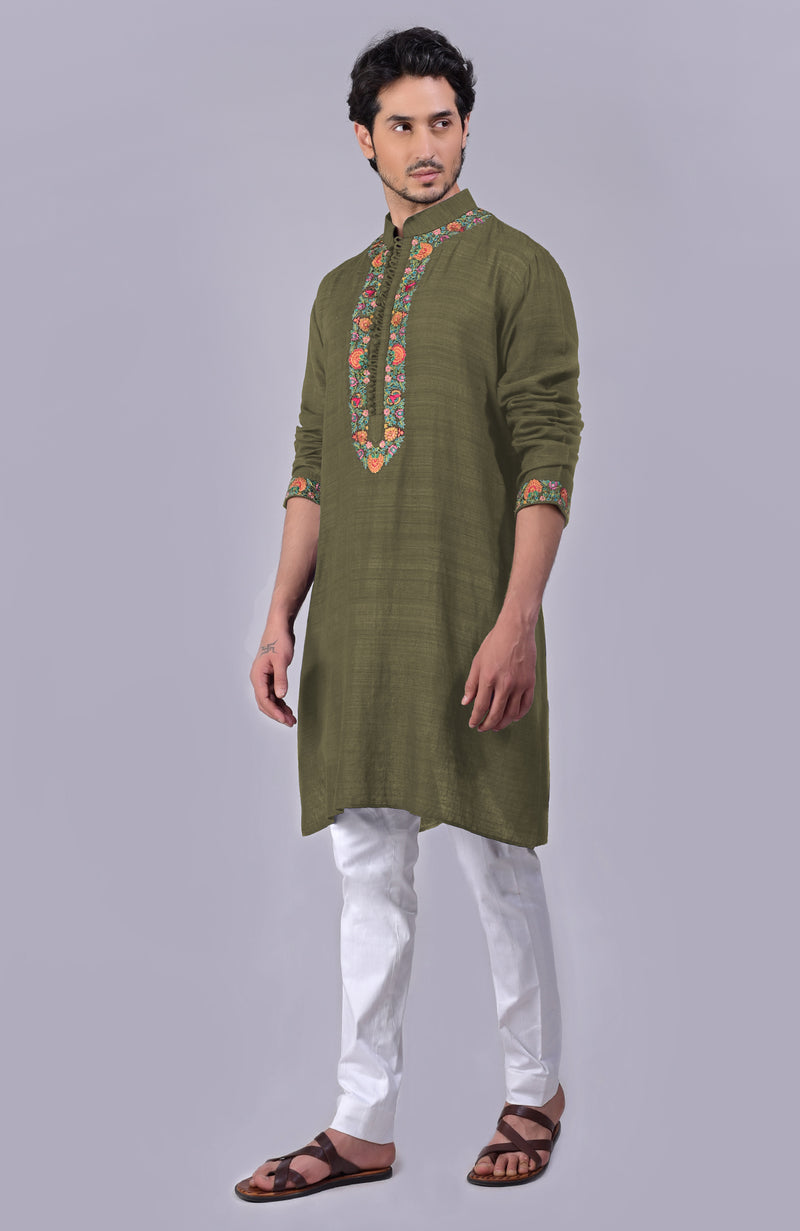 Martini Olive Kashidakari Embroidered Kurta
