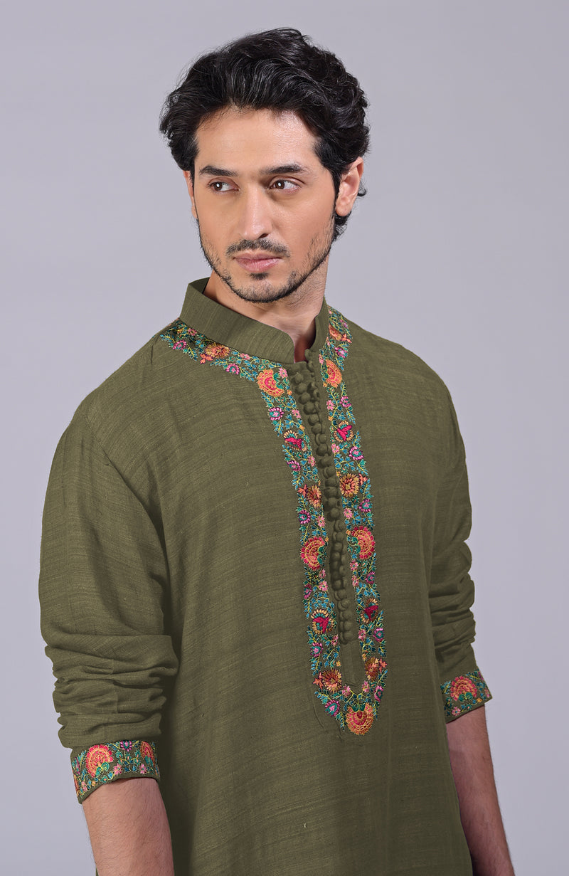 Martini Olive Kashidakari Embroidered Kurta