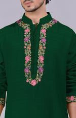 Bottle Green Parsi Gara Embroidered Kurta