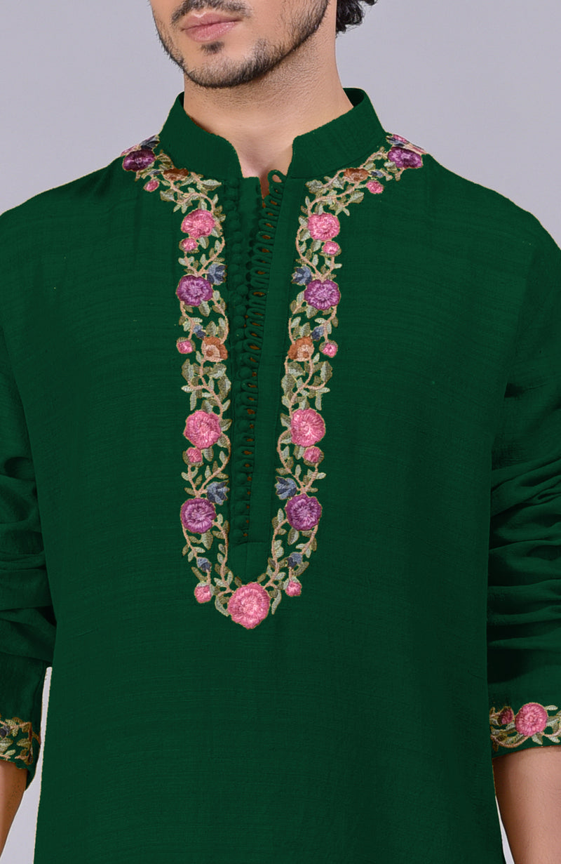 Bottle Green Parsi Gara Embroidered Kurta