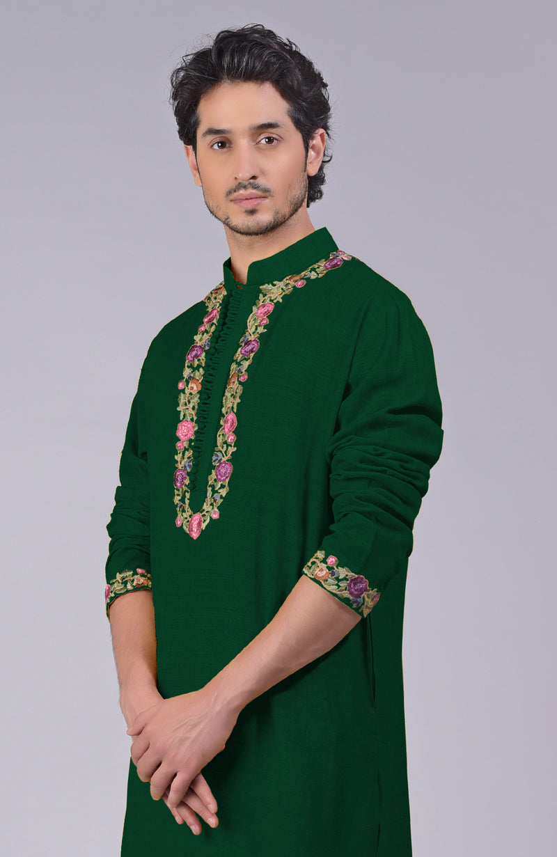 Bottle Green Parsi Gara Embroidered Kurta